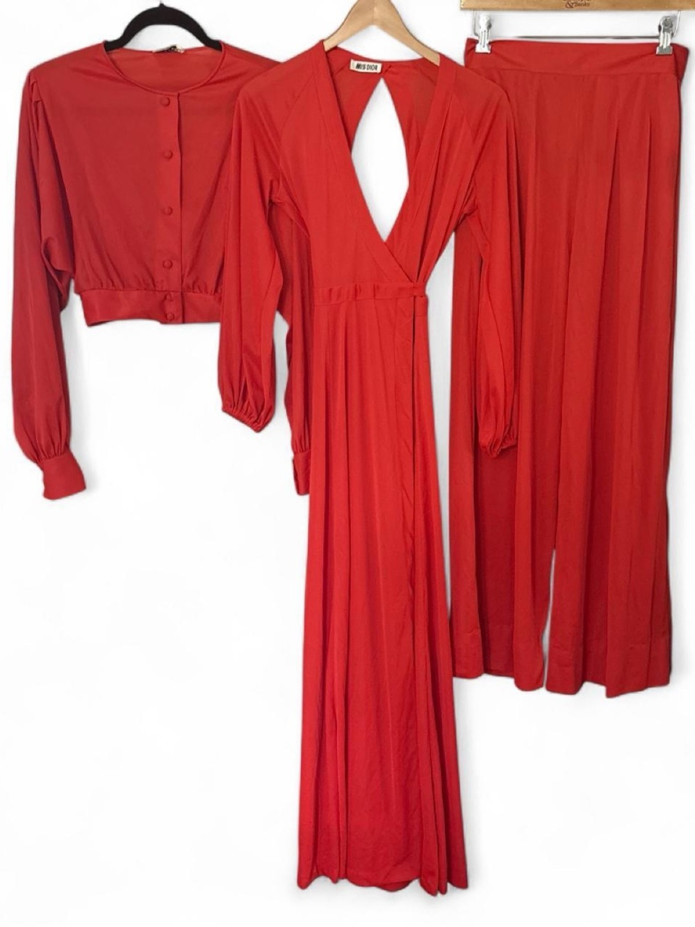 Vintage 60s 70s Miss Dior Red Maxi Wrap Dress with Matching Jacket and Pants S M